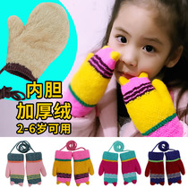 Autumn and winter Korean version of baby gloves cartoon boys and girls childrens gloves plus velvet thickened warm belt lanyard 2-6 years old