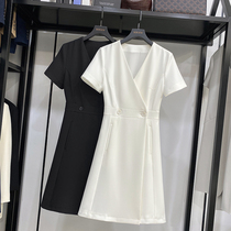 MRMW2021 summer New temperament V-neck short sleeve dress female OL design sense waist thin Medium-length dress tide