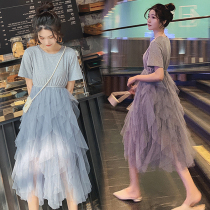 Maternity dress 2022 Korean version of the new super fairy pregnant women cover the belly mesh skirt fashion fluffy knee-length skirt
