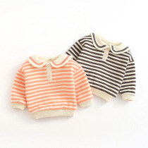 Baby girl sweater plus velvet winter 0-1-2-3-4 years old female child striped shirt top baby thick warm clothes