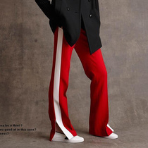 Men wide leg pants red and white striped casual pants European and American show field 2022 spring open fork long pants microlapants sports pants