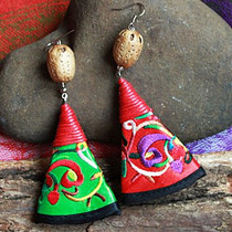 Yunnan ethnic wind earrings cloth art embroidered fan-shaped retro ear pendant long section No earthen-hole original handmade ear ornament female