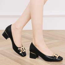 Sheepskin single shoes womens coarse heel 2021 summer New Square head black soft leather professional dress work shoes