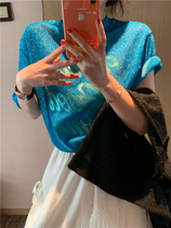 BORAKOO Korea East Gate summer peacock blue sparkling Silk Letter short sleeve t-shirt