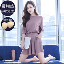 Korean version of sweet summer womens pajamas Modal cotton short sleeve high waist skirt pants with chest pad insert home suit set