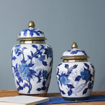 Chinese light luxury ceramic storage tank ornaments with cover decorative jar Blue and white porcelain creative storage tank large crafts