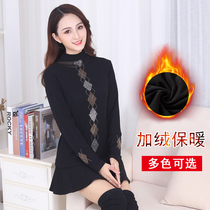 Autumn and winter T-shirt Slim Base shirt mesh lace plus velvet thick warm high collar pile collar long sleeve top