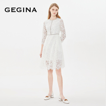 GEGINA White nine-point sleeve lace dress womens round neck waist slim long dress mall same model