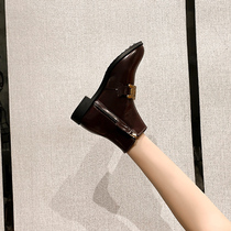 Martin Boots Womens Boots 2021 Winter Fashion Belt Buckles Joker Patent Leather Slim Short Boots Flat Boots Children