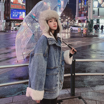 Denim cotton clothes womens winter 2021 Korean loose ins Hong Kong wind cotton clothes small man plus velvet lamb wool jacket