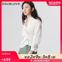 DOUBLOVE BEIAI 20 new classic white cotton flower embroidery retro style lantern sleeve asymmetrical shirt