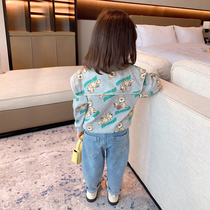 Girls Sweatclothes Autumn 2021 new childrens baby girl spring and autumn foreign style cartoon casual boy navy neck coat