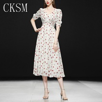 CKSM 2021 new summer womens temperament goddess French coffee break skirt long skirt floral short-sleeved dress