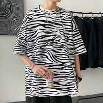  Summer trend short-sleeved t-shirt mens Korean version of the trend zebra print half-sleeved ruffian handsome bottoming shirt couple top clothes