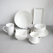 W1962 Japanese F home pure white fine dark grain cutlery suit cup bowl tray dinner plate minimalist white cutlery