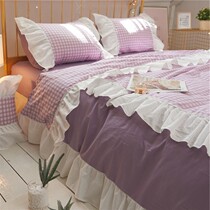 ins sweet and small fresh purple plaid pure cotton three-four pieces of lotus leaf lace girl hearts pure cotton quilt cover bed