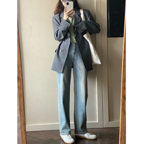 Pregnant womens jeans spring and autumn thin wear loose belly straight tube pants retro blue wide leg pants mopping trousers