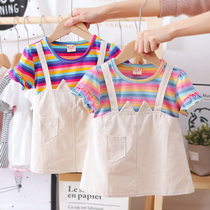 Girls Dresses 2020 new girls rainbow fake two-piece childrens skirts short-sleeved childrens strap dresses 3-year-old treasure skirt tide