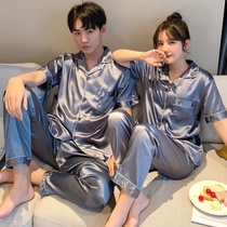 Couple sleepwear women Summer Ice Sexy Thin men Step up short sleeves Long pants Spring and autumn Home Suits Two Suits