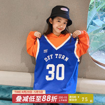 (Spot) Big Girl Fake Two T-shirts 2022 Early Spring New Loose Vest Blouses With Cap And Clothing Tide