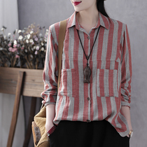 Han Suoyi Retro Art Spring and Autumn New Women's Loose Long Sleeve Jacket Vertical Stripe Cotton and Hemp Shirt Skinny