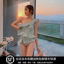 Swimsuit women Summer Sexy Triangle Belly Button Slim Lotus Leaf Side single shoulder small breasted with swimsuit 2021 The new fashion