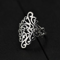Retro Thai silver Japanese and Korean trilateral opening ring female personality simple exaggerated leaves hollow original design Food ring