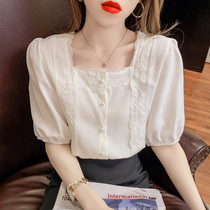 2022 Summer French style retro square neck Blister Lace Blouse Design Sense Niche Short Sleeve White Shirt Small Shirt