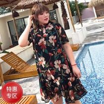 Large size womens summer dress improved cheongsam 200kg fat sister mm Belly Belly loose thin age chiffon dress