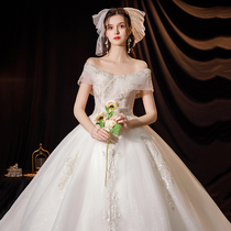  French main wedding dress 2021 new bride pregnant woman one-sided shoulder trailing small man thick arm luxury heavy and light