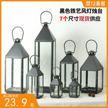 European style wrought iron candle holder hotel real estate decoration courtyard floor-to-ceiling windproof light glass multi-size lantern ornaments