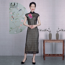 Wood true Solid Lace Qipao Dress Dress Woman Dress 2022 Retro Hydro-embroidered Embroidered in a long style dress 931