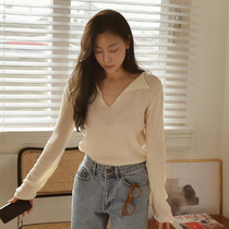 Large collar clavicle shirt long-sleeved early autumn thin section gentle style knitted sweater new 2022 Korean Dongdaemun