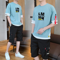 Summer mens sports suit trend with 2021 new summer mens soil casual clothes Tide brand handsome mens clothing