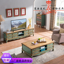 Emerald color dark brown American white wax wood color-painted TV cabinet Tea Table Composition Sleeve