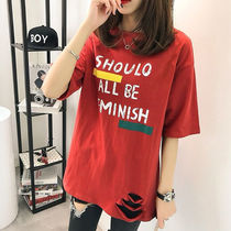 Big Code Womens Fashion T-shirt Woman 2022 New short sleeve female student Han version loose half sleeve T-shirt breaking hole in the undershirt summer