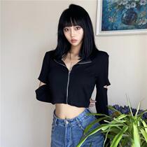 gagaopt homemade New zipper cardigan cut-off sleeve jacket womens base Shirt street dance tide jazz clothes