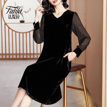 Black heavy silk velvet dress womens long-sleeved new autumn clothes loose plus size mother noble skirt temperament