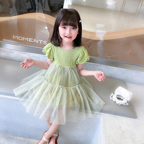 Girls dress 2022 Summer Bubble Cuff baby 1 3 2 4 3 Five years old Summer Princess Dresses Green