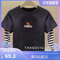 Brand childrens clothing boys fake two-piece T-shirt childrens casual wild cartoon printing striped long-sleeved top girls trendy t