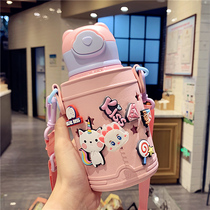 Messenger thermos cup female ins primary school student with straw double cover thermos pot Childrens cute high face value hole water cup
