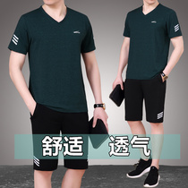Dad summer short sleeve set middle-aged fashion flagship store casual Fathers Day shorts sports suit men Middle-aged and elderly