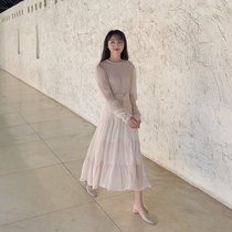 SYT French chiffon dress slim slim long-sleeved bellflower skirt Retro waist tie belt holiday midi skirt