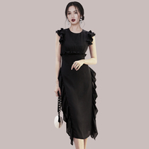Thai Tide brand celebrity elegant temperament dress small black dress high waist ruffle black chiffon niche dress female