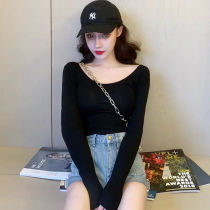  Autumn and winter cotton double u-neck bottoming shirt long-sleeved black low-neck French Western style tight T-shirt womens slim-fit big-neck top