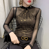 Europe Station 2022 Spring Autumn Clothing New Sexy Mesh Yarn Splicing Undershirt Woman Long Sleeve for a Bright Sheet Foreign Air cardiovert