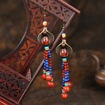 Ethnic style glass pendant earrings Bohemia personality exaggerated retro long handmade tassel earrings female