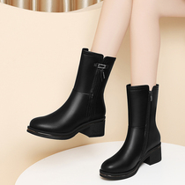 Midsize Boots Women Boots with Mother Leather Boots Winter 2020 New Plus Velvet Thick Winter Boots
