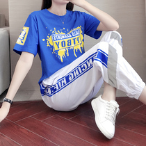 Tide brand CVY sports suit women 2021 new summer short sleeve trousers half sleeve loose blue casual two-piece set