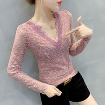2020 autumn and winter New sexy lace coat womens long sleeve slim thin V collar with foreign style bottom shirt